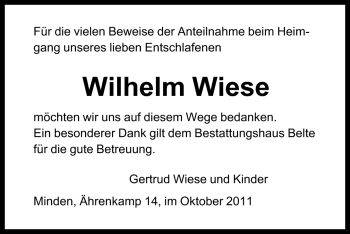 Anzeige von Wilhelm Wiese von Mindener Tageblatt