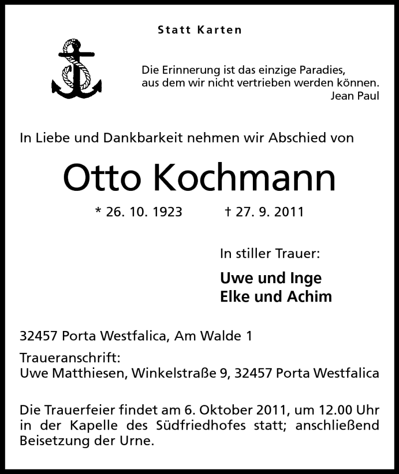  Traueranzeige für Otto Kochmann vom 30.09.2011 aus Mindener Tageblatt