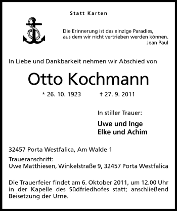 Anzeige von Otto Kochmann von Mindener Tageblatt