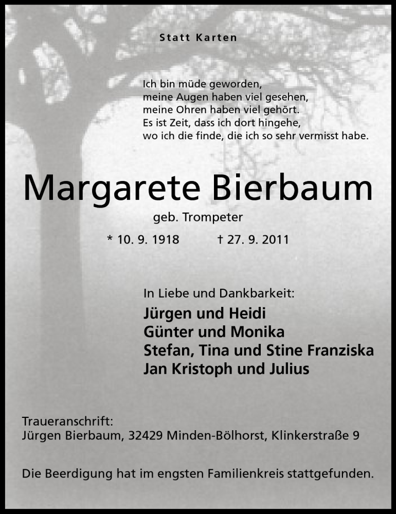  Traueranzeige für Margarete Bierbaum vom 01.10.2011 aus Mindener Tageblatt