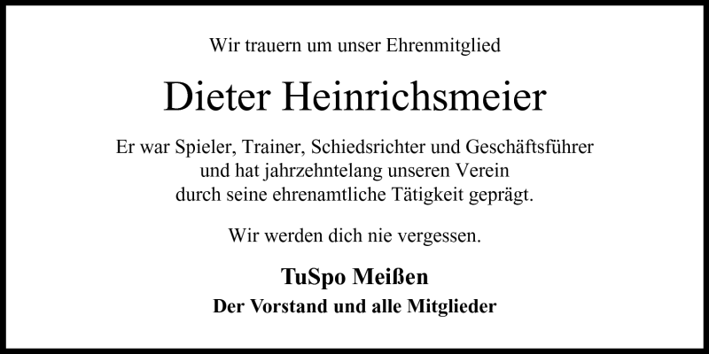  Traueranzeige für Dieter Heinrichsmeier vom 01.10.2011 aus Mindener Tageblatt
