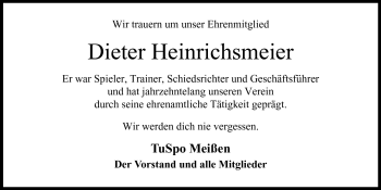 Anzeige von Dieter Heinrichsmeier von Mindener Tageblatt