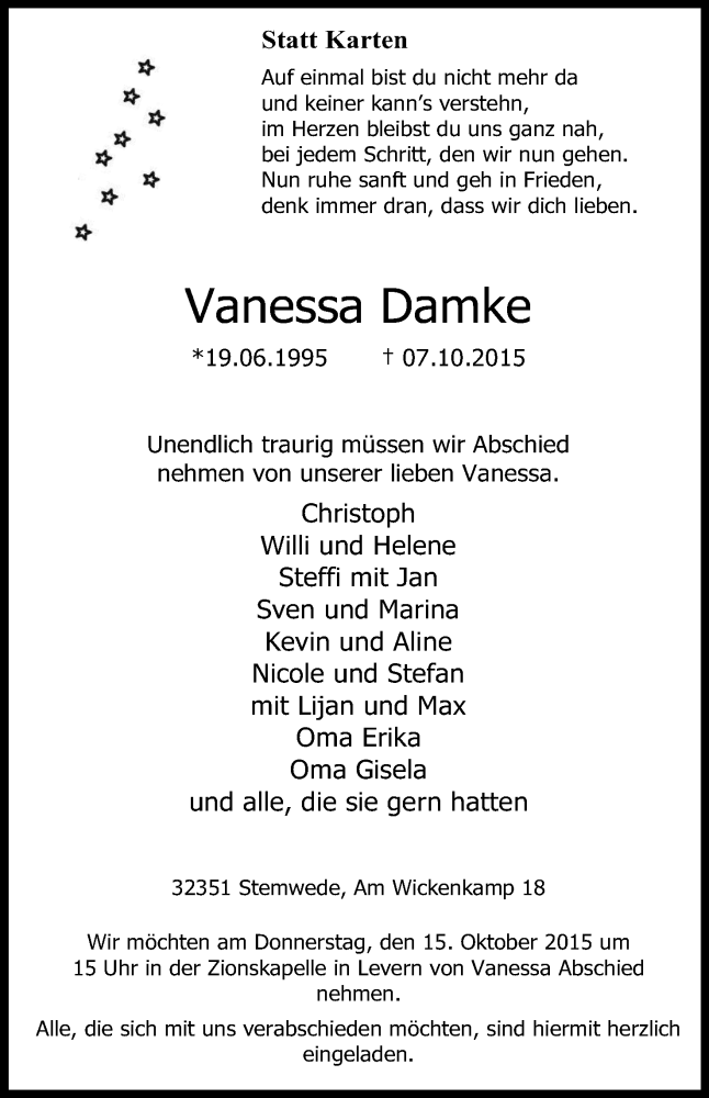  Traueranzeige für Vanessa Damke vom 12.10.2015 aus Mindener Tageblatt