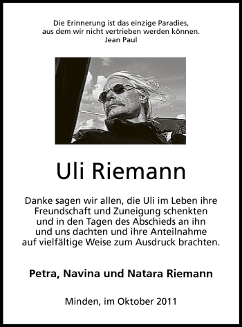 Anzeige von Uli Riemann von Mindener Tageblatt