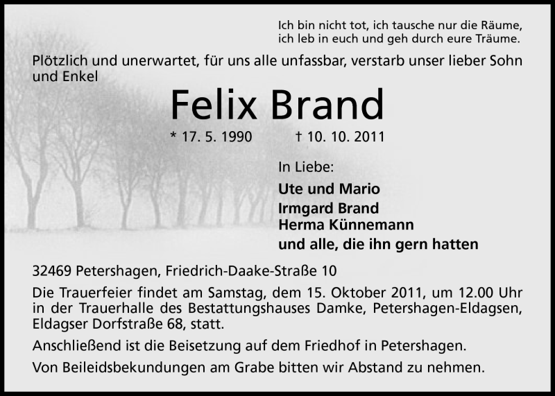  Traueranzeige für Felix Brand vom 12.10.2011 aus Mindener Tageblatt