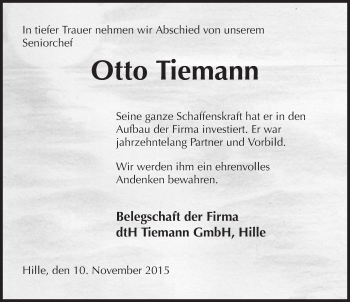 Anzeige von Otto Tiemann von Mindener Tageblatt
