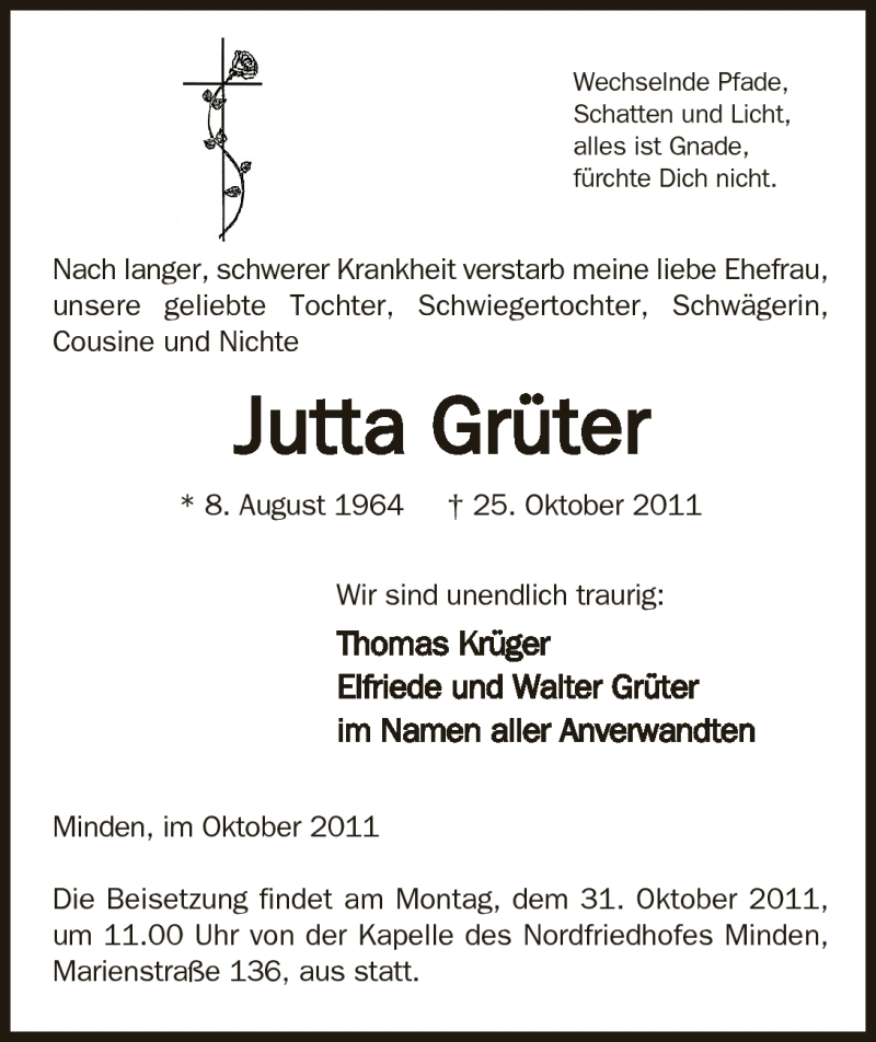  Traueranzeige für Jutta Grüter vom 27.10.2011 aus Mindener Tageblatt