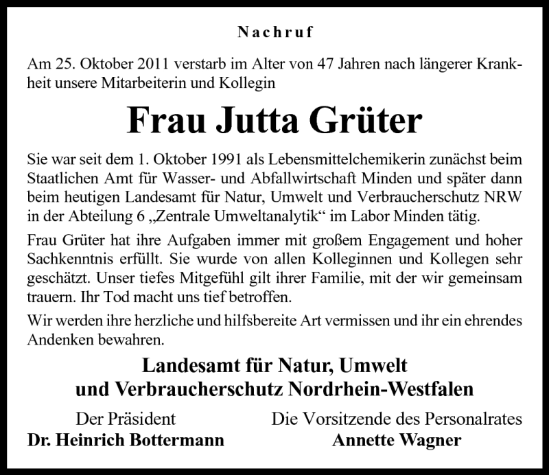  Traueranzeige für Jutta Grüter vom 29.10.2011 aus Mindener Tageblatt