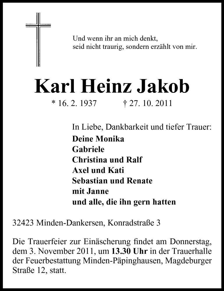 Traueranzeigen Von Karl Heinz Jakob Trauer Mt De