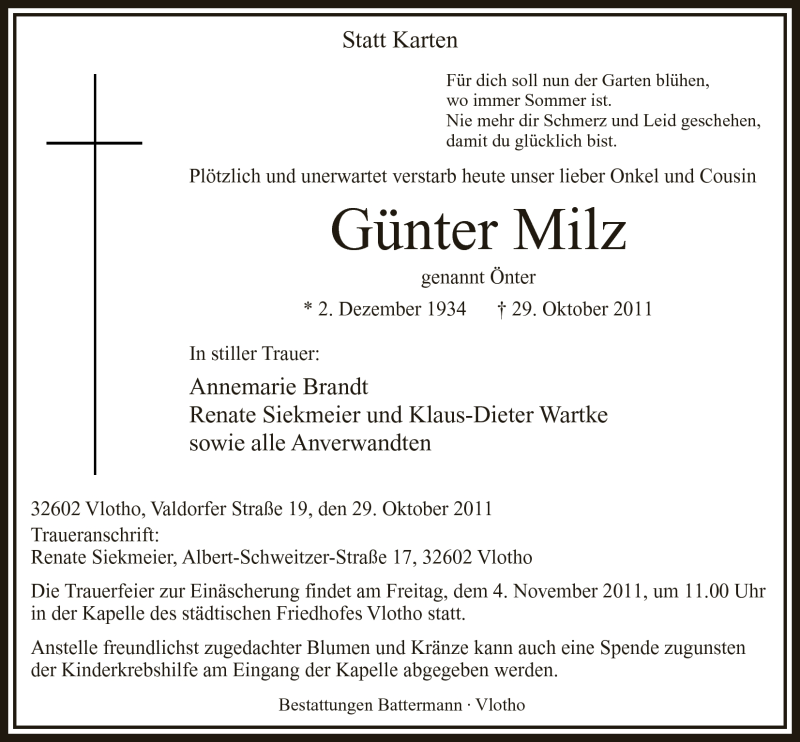  Traueranzeige für Günter Milz vom 01.11.2011 aus Mindener Tageblatt