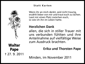 Anzeige von Walter Pape von Mindener Tageblatt
