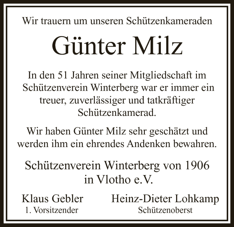  Traueranzeige für Günter Milz vom 03.11.2011 aus Mindener Tageblatt