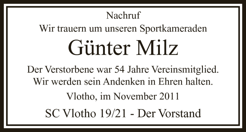  Traueranzeige für Günter Milz vom 05.11.2011 aus Mindener Tageblatt