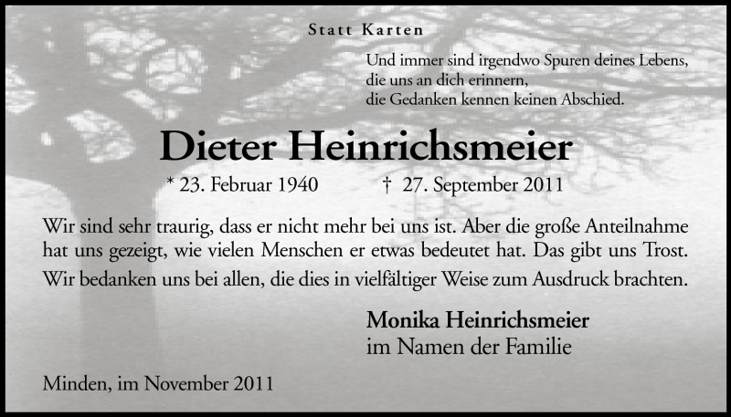  Traueranzeige für Dieter Heinrichsmeier vom 05.11.2011 aus Mindener Tageblatt