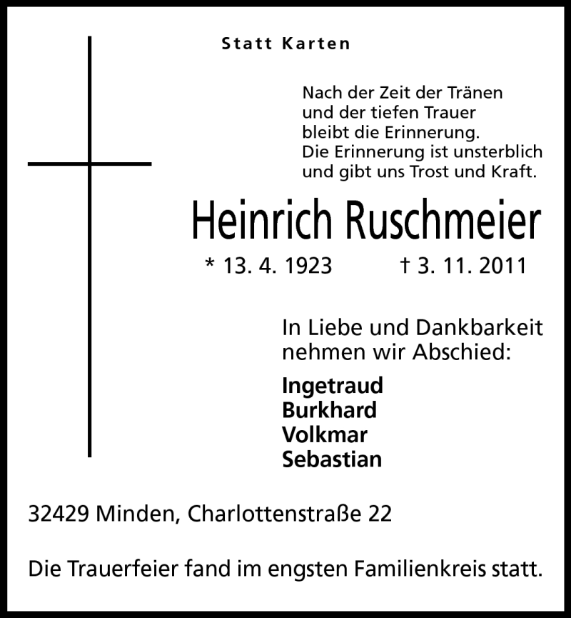 Traueranzeige für Heinrich Ruschmeier vom 09.11.2011 aus Mindener Tageblatt