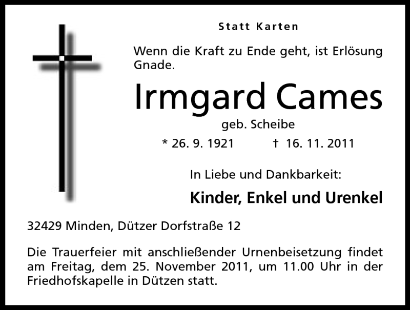  Traueranzeige für Irmgard Cames vom 19.11.2011 aus Mindener Tageblatt