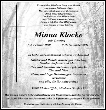 Anzeige von Minna Klocke von Mindener Tageblatt