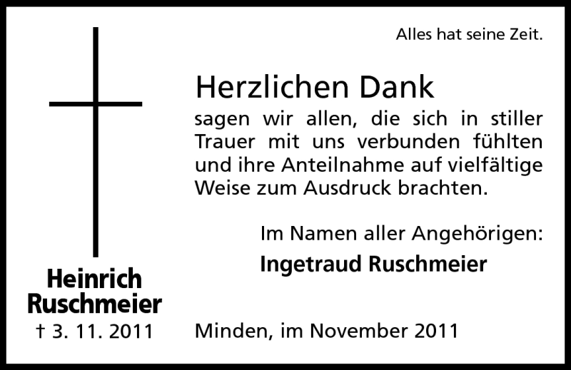  Traueranzeige für Heinrich Ruschmeier vom 23.11.2011 aus Mindener Tageblatt