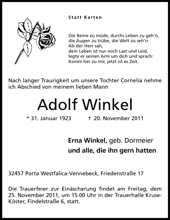 Anzeige von Adolf Winkel von Mindener Tageblatt