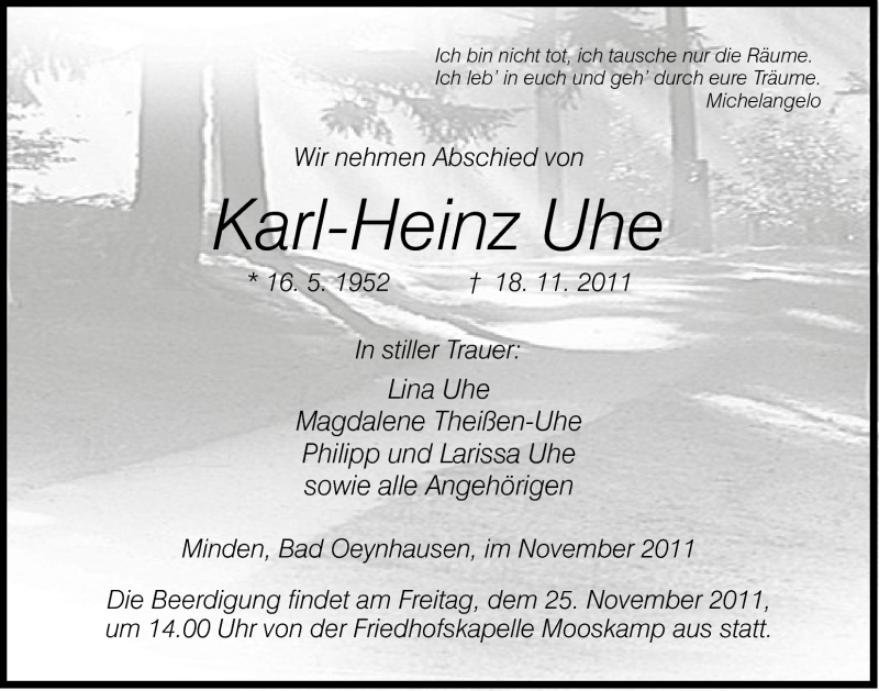  Traueranzeige für Karl-Heinz Uhe vom 23.11.2011 aus Mindener Tageblatt