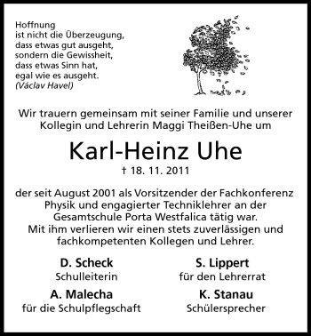 Anzeige von Karl-Heinz Uhe von Mindener Tageblatt