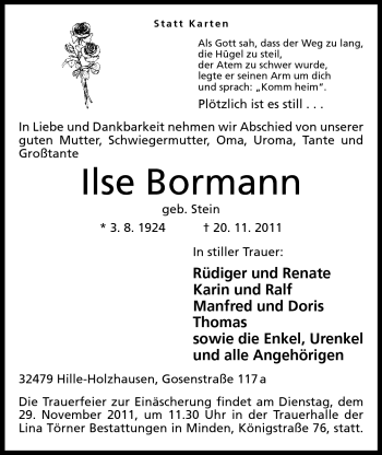 Anzeige von Ilse Bormann von Mindener Tageblatt