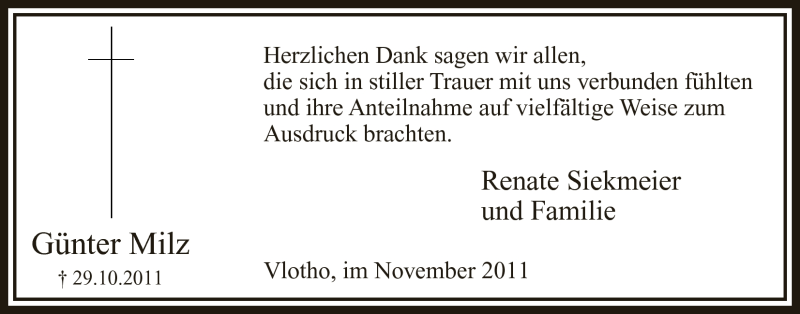  Traueranzeige für Günter Milz vom 26.11.2011 aus Mindener Tageblatt