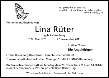 Anzeige von Lina Rüter von Mindener Tageblatt