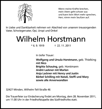Anzeige von Wilhelm Horstmann von Mindener Tageblatt