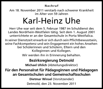 Anzeige von Karl-Heinz Uhe von Mindener Tageblatt