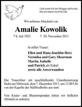 Anzeige von Amalie Kowolik von Mindener Tageblatt