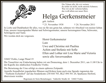 Anzeige von Helga Gerkensmeier von Mindener Tageblatt