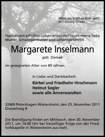 Anzeige von Margarete Inselmann von Mindener Tageblatt