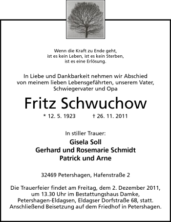 Anzeige von Fritz Schwuchow von Mindener Tageblatt