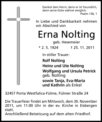 Anzeige von Erna Nolting von Mindener Tageblatt