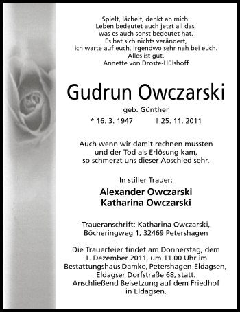 Anzeige von Gudrun Owczarski von Mindener Tageblatt