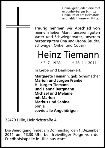 Anzeige von Heinz Tiemann von Mindener Tageblatt