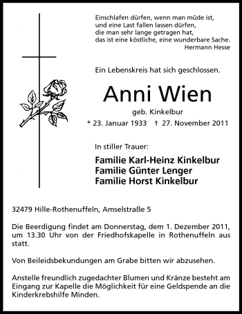 Anzeige von Anni Wien von Mindener Tageblatt