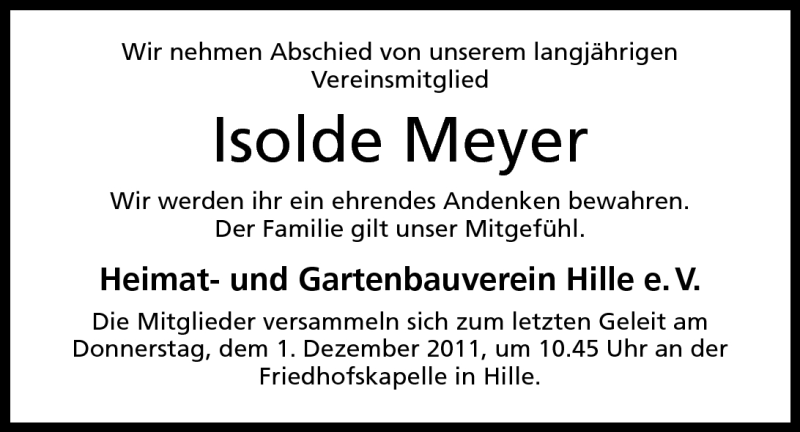  Traueranzeige für Isolde Meyer vom 29.11.2011 aus Mindener Tageblatt