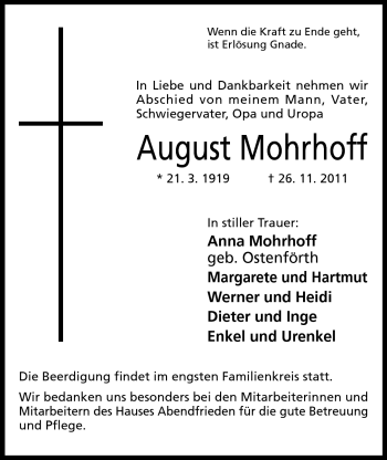 Anzeige von August Mohrhoff von Mindener Tageblatt