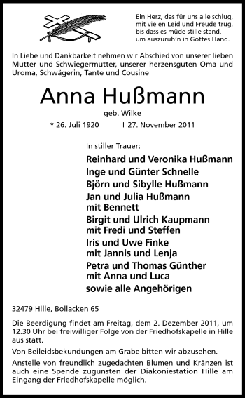 Anzeige von Anna Hußmann von Mindener Tageblatt