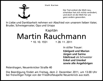 Anzeige von Martin Rauchmann von Mindener Tageblatt