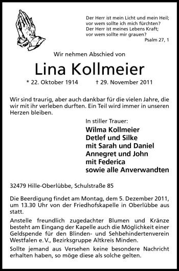 Anzeige von Lina Kollmeier von Mindener Tageblatt