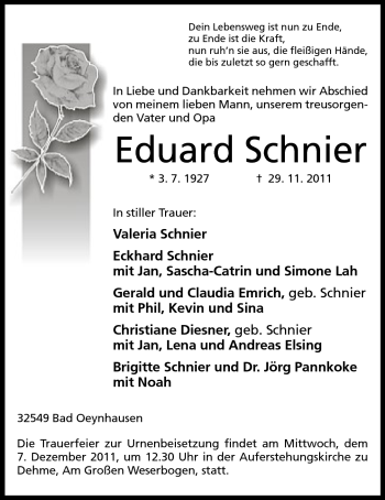 Anzeige von Eduard Schnier von Mindener Tageblatt