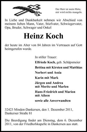 Anzeige von Heinz Koch von Mindener Tageblatt