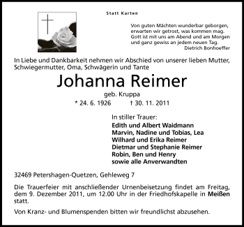 Anzeige von Johanna Reimer von Mindener Tageblatt