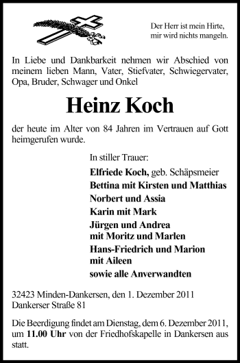 Anzeige von Heinz Koch von Mindener Tageblatt