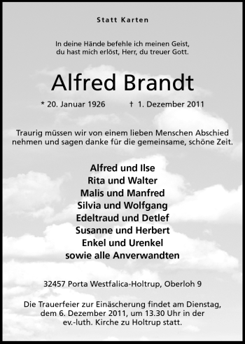 Anzeige von Alfred Brandt von Mindener Tageblatt