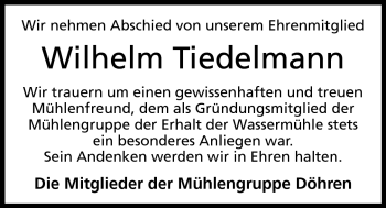 Anzeige von Wilhelm Tiedelmann von Mindener Tageblatt