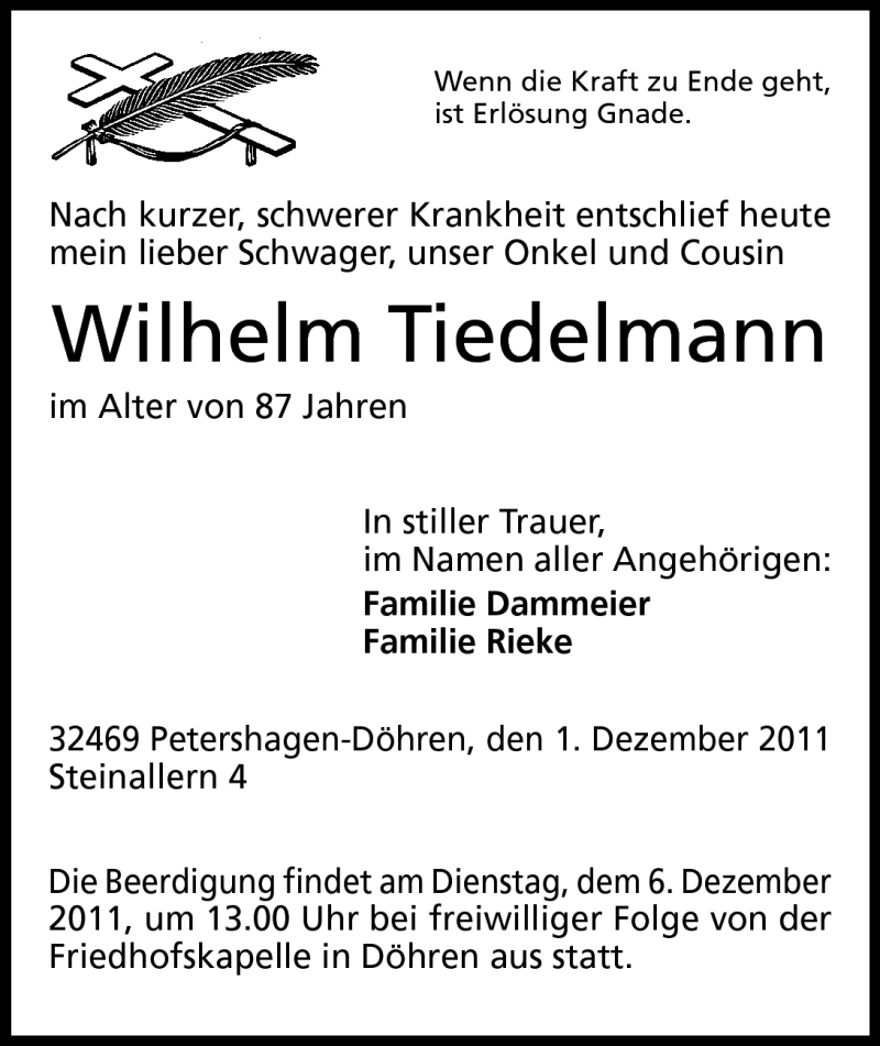  Traueranzeige für Wilhelm Tiedelmann vom 03.12.2011 aus Mindener Tageblatt